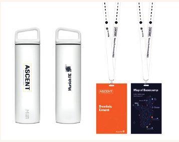 Ascent branded bottles and lanyards